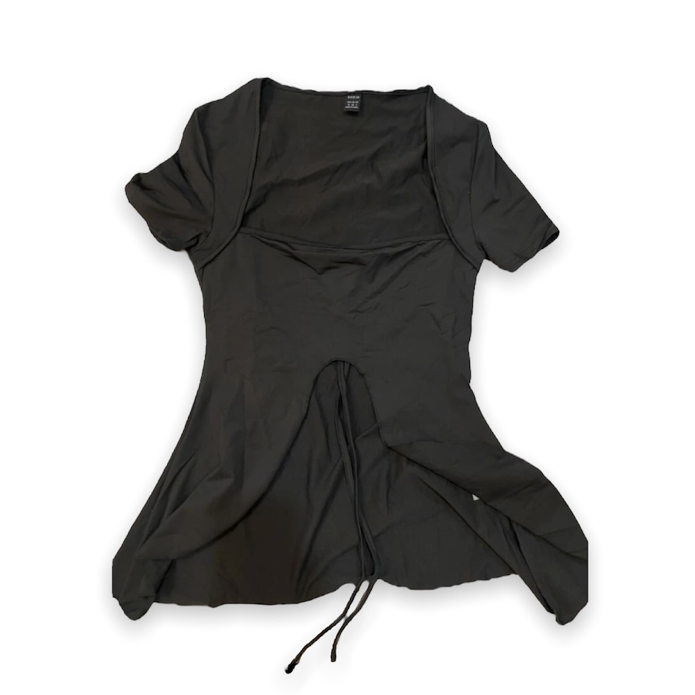 New Sexy Black Plain Asymmetrical Hem Tie Back Halter Short Sleeve Top - Picture 8 of 13